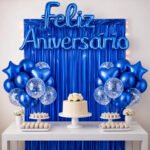Kit Balão Feliz Aniversário Festa Cortina Faixa Decoração Azul Royal
