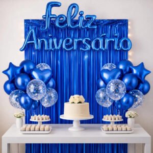 Kit Balão Feliz Aniversário Festa Cortina Faixa Decoração Azul Royal