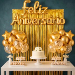 Kit Balão Feliz Aniversário Com 26 Peças Decoração Festa Cortina Letras Bexigas Dourado