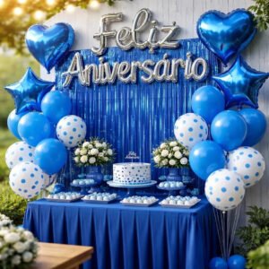 Kit Balão Feliz Aniversário 26 Peças Decoração Festa Letreiro Prata E Cortina Bexigas Azul