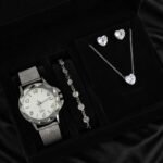 Kit Relógio Feminino Colar Brinco Pulseira Folheado Presente Prateado