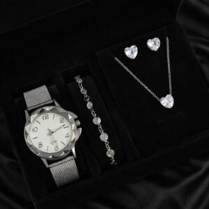 Kit Relógio Feminino Colar Brinco Pulseira Folheado Presente Prateado