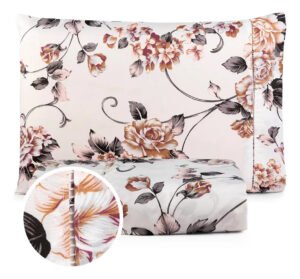 Jogo Lençol 2 Peças Solteiro Hipercal 400 Fios Leve Luxo Cor Floral Branco com Marrom Desenho do tecido Estampado