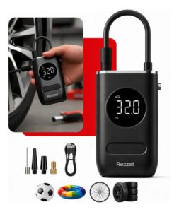 Mini Compressor Digital Portátil Rezzet para Carro Moto e Bicicleta com Calibrador Digital Inflador Elétrico de Pneus LCD Lanterna LED Compacto e Recarregável Preto
