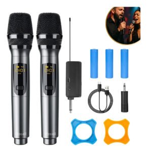 Microfone Sem Fio Duplo UHF Profissional Preto Recarregável Led Karaokê Palestras Shows Igrejas Apresentações Mzcell
