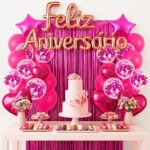 Kit Balão Feliz Aniversário 26 Peças Decoração Festa Letreiro Rose Cortinas Bexigas Cor Rosa Escuro E Pink
