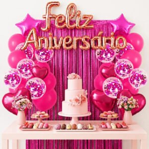 Kit Balão Feliz Aniversário 26 Peças Decoração Festa Letreiro Rose Cortinas Bexigas Cor Rosa Escuro E Pink