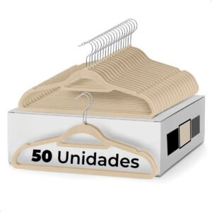 Vittak Kit 50 Cabides Veludo Adulto Slim Antideslizante Organizador Roupas Cor Bege