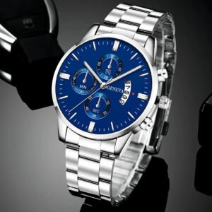 Relógio Masculino Aço Inox Quartz Minimalista Prova D’água Correia Prata Bisel Prata Fundo Azul