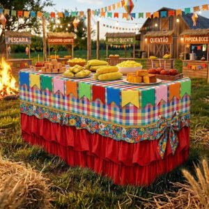 Decoração Capa De Mesa Festa Junina Babado Em Tecido Sublimado Veste Fácil Criatema