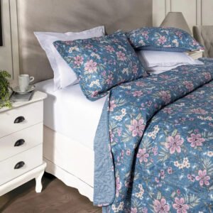 Kit Cobre Leito Colcha Queen 3 Peças Boutis Dupla Face Porta Travesseiro Aba Americana Catarina Azul