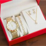 Kit Relógio Feminino Colar Brinco Pulseira Folheado Presente Dourado