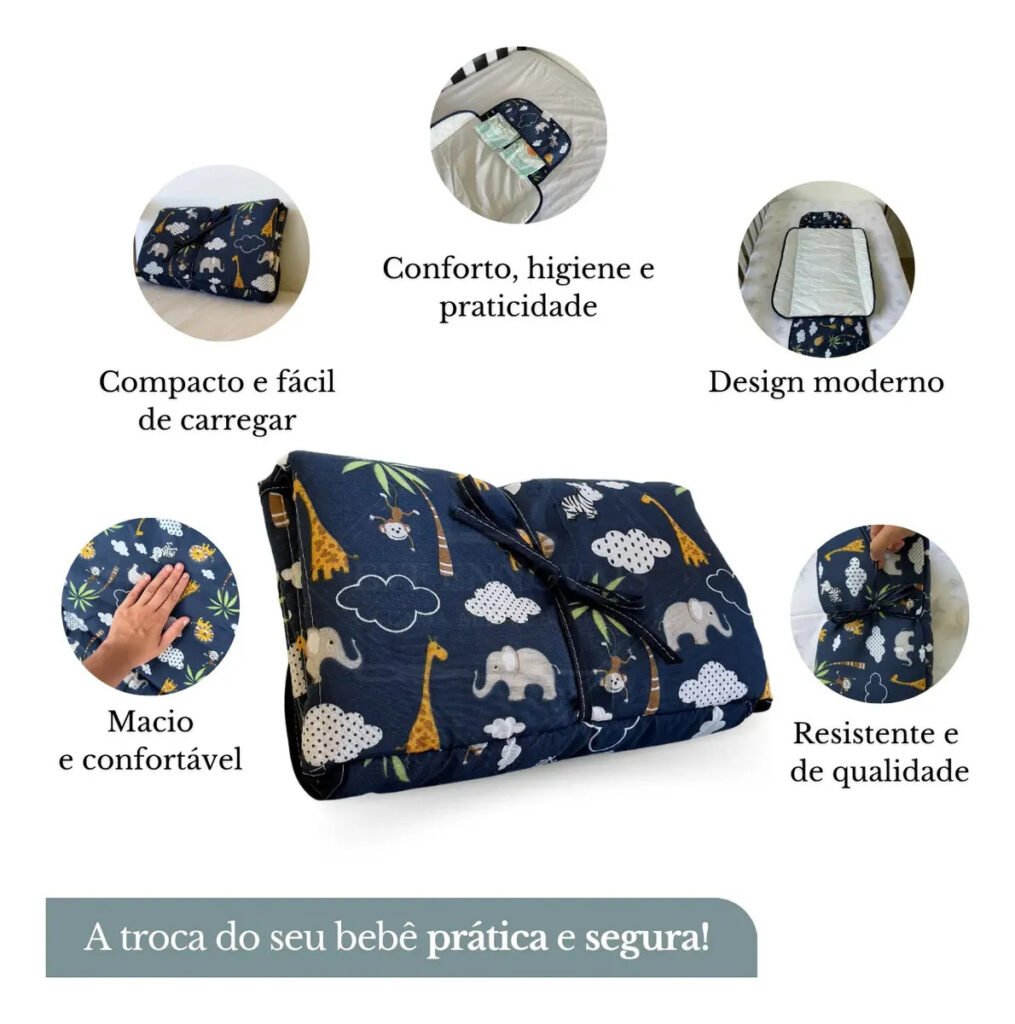 Trocador De Fralda Impermeável Dobrável Retrátil Com Bolso Lindas Estampas Safari Marinho