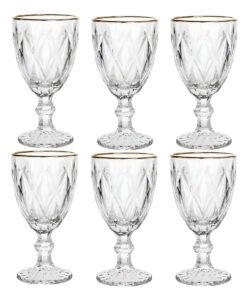 6 Taças Vidro Vinho Suco Agua 300 Ml Diamond Borda Dourada