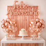 Kit Balão Feliz Aniversário Festa Cortina Faixa Decoração Rose Gold