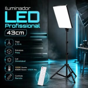 Iluminador LED Profissional Quadrado Lumi Para Fotos e Vídeos, Com Tripé de 2,10m e Luz Ajustável