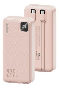 Power Bank Basike 20000mAh Rosa, Carga Rápida 22.5W para iPhone e Samsung, Com Cabos Embutidos e Display