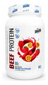 Proteína Isolada Beef Protein 900g Shark Pro Zero Lactose Sabor Morango com maracujá