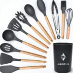 Kit 12 Utensílios De Silicone Com Cabo De Madeira – Marca Aristus Com Alta Resistência, Durável E Com Design Moderno, Perfeito Para Sua Cozinha Cor Cinza