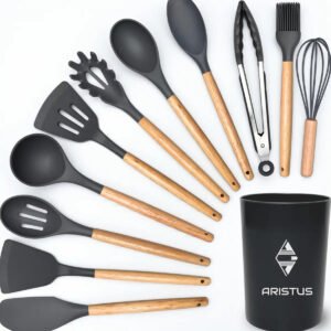 Kit 12 Utensílios De Silicone Com Cabo De Madeira – Marca Aristus Com Alta Resistência, Durável E Com Design Moderno, Perfeito Para Sua Cozinha Cor Cinza