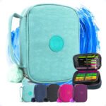 Estojo Box Organizador Escolar Com Divisórias Multifuncional 24 Elásticos Lápis Caneta 100 Pens Masculino Feminino Decore Fácil ! Verde