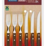 Jogo De Talheres Para Churrasco Com Lâminas De Aço Inox E Cabos De Madeira Natural 12 Peças Marrom Tramontina