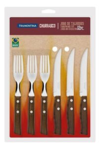 Jogo De Talheres Para Churrasco Com Lâminas De Aço Inox E Cabos De Madeira Natural 12 Peças Marrom Tramontina
