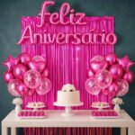 Kit Balão Feliz Aniversário Com 26 Peças Decoração Festa Cortina Letras Bexigas Pink