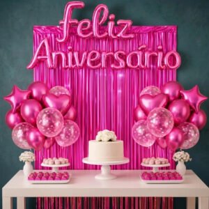 Kit Balão Feliz Aniversário Com 26 Peças Decoração Festa Cortina Letras Bexigas Pink