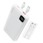 Power Bank Basike 10000mAh Branco, Carga Rápida 22.5W para iPhone e Samsung, Com Cabos Embutidos e Display