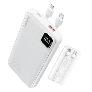 Power Bank Basike 10000mAh Branco, Carga Rápida 22.5W para iPhone e Samsung, Com Cabos Embutidos e Display