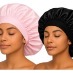 Kit 2 Touca De Cetim Com Faixa Anti Frizz Hidratação Luxo Lf Rosa/preto Cetim Simples