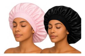 Kit 2 Touca De Cetim Com Faixa Anti Frizz Hidratação Luxo Lf Rosa/preto Cetim Simples