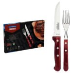 Jogo de Talheres Jumbo Churrasco com Lâminas em Aço Inox e Cabos de Madeira Polywood Vermelho 12 Peças Tramontina