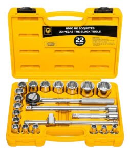 Jogo De Soquete 1/2 Pol Estriados Catraca Reversível 22 Peças 8 a 32mm The Black Tools Maleta Manutenção Carros Motos