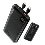 Power Bank Basike 10000mAh Preto, Carga Rápida 22.5W para iPhone e Samsung, Com Cabos Embutidos e Display