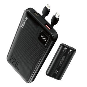 Power Bank Basike 10000mAh Preto, Carga Rápida 22.5W para iPhone e Samsung, Com Cabos Embutidos e Display