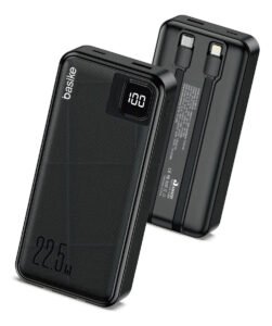 Power Bank Basike 20000mAh Preto, Carga Rápida 22.5W para iPhone e Samsung, Com Cabos Embutidos e Display