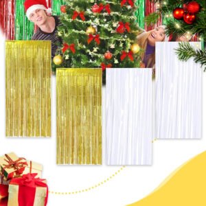 Kit C/ 4un Cortina Metalizada Fitas Para Decoração Cor Dourado E Branco