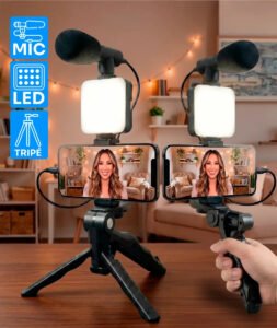 Kit de Gravação Youtuber Tiktoker Video Maker Estabilizador Com Microfone Tripé Led Vlog Profissional Para Celular iPhone/android Luz Led Para Gravação E Fotos Cor Preto – Good Vision