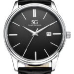 Relógio Masculino Chrowl Saint Germain Pulseira Couro Caixa Prateada Fundo Preto 42mm Clássico