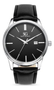 Relógio Masculino Chrowl Saint Germain Pulseira Couro Caixa Prateada Fundo Preto 42mm Clássico