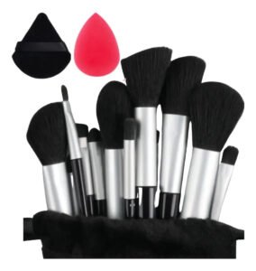 Pincel Maquiagem Kit 13 Peças Profissional Estojo Esponjas Preto