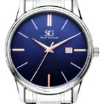Relógio Masculino Clássico Pulseira Prata Correia Prateada Bisel Prateado Fundo Azul Marinho Saint Germain 42mm Elegante Detalhes Bronze