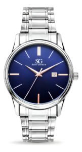 Relógio Masculino Clássico Pulseira Prata Correia Prateada Bisel Prateado Fundo Azul Marinho Saint Germain 42mm Elegante Detalhes Bronze