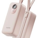 Power Bank Basike 30.000mAh Portátil, Carregamento Rápido 22.5W, com Cabos Embutidos e Display LED para iPhone e Samsung Rosa
