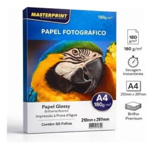 Papel Fotográfico A4 Glossy 180g Masterprint 50 Folhas Brilhante Branco