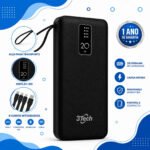 Power Bank 20000mah Carregador Portátil 4 Cabos Integrados Visor Digital Lanterna Led Usb Tipo C Compatível iPhone Samsung Xiaomi Android Bateria Externa Carrega 4 Dispositivos Preto