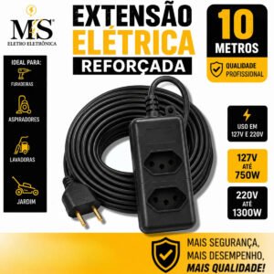 Extensão Elétrica 10 Metros Reforçada 10/20a Obra Profissional Tomada Em Barra MS Eletro Eletrônica