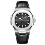 Relógio Classic Vintage Suíço Masculino Em Couro Esportivo Correia Preto Bisel Prateado Fundo Preto